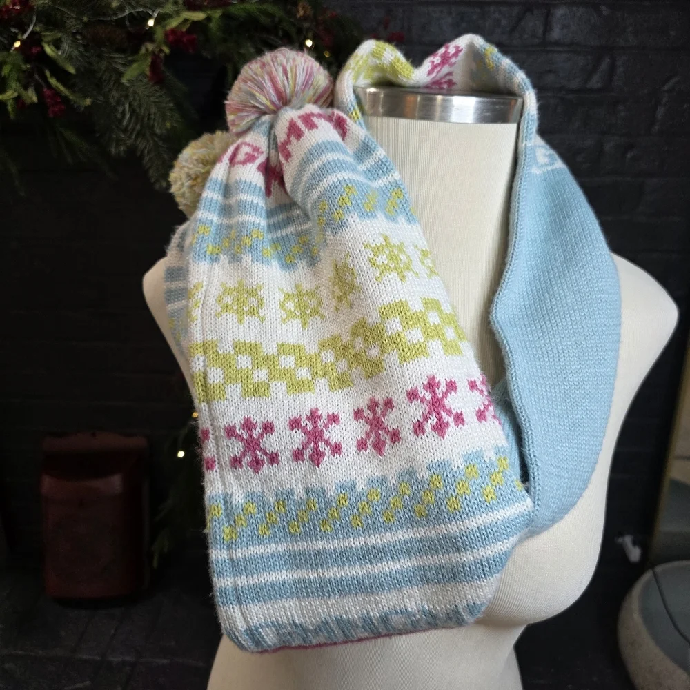 BY MNG Knit Scarf Pom Pom Snowflakes Fair Isle Pink Blue Green Nordic